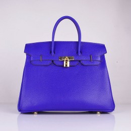Hermes 6089 Birkin 35CM Tote Bag Blue Clemence Leather Gold